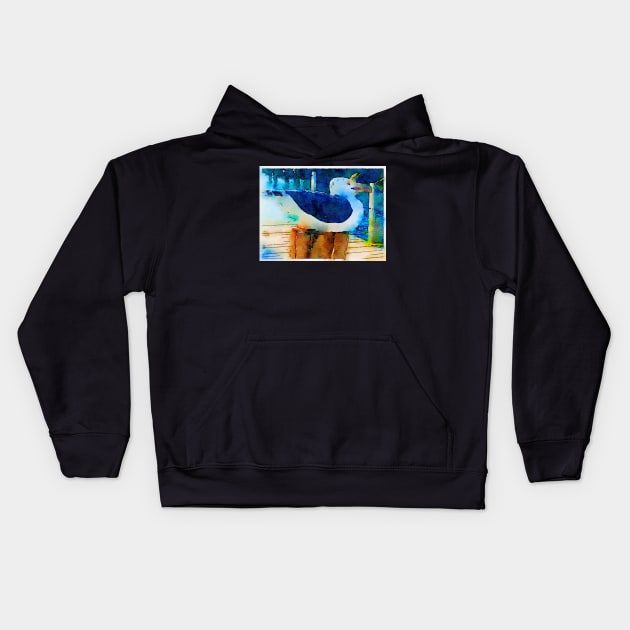 Cute seagull carving watercolor Kids Hoodie by Dillyzip1202